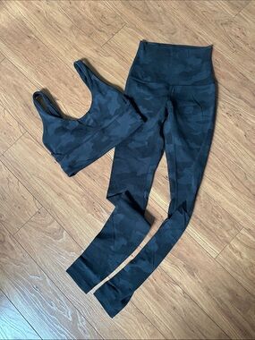 LULULEMON | High-Waist Black Camo Leggings & Sports Bra Set